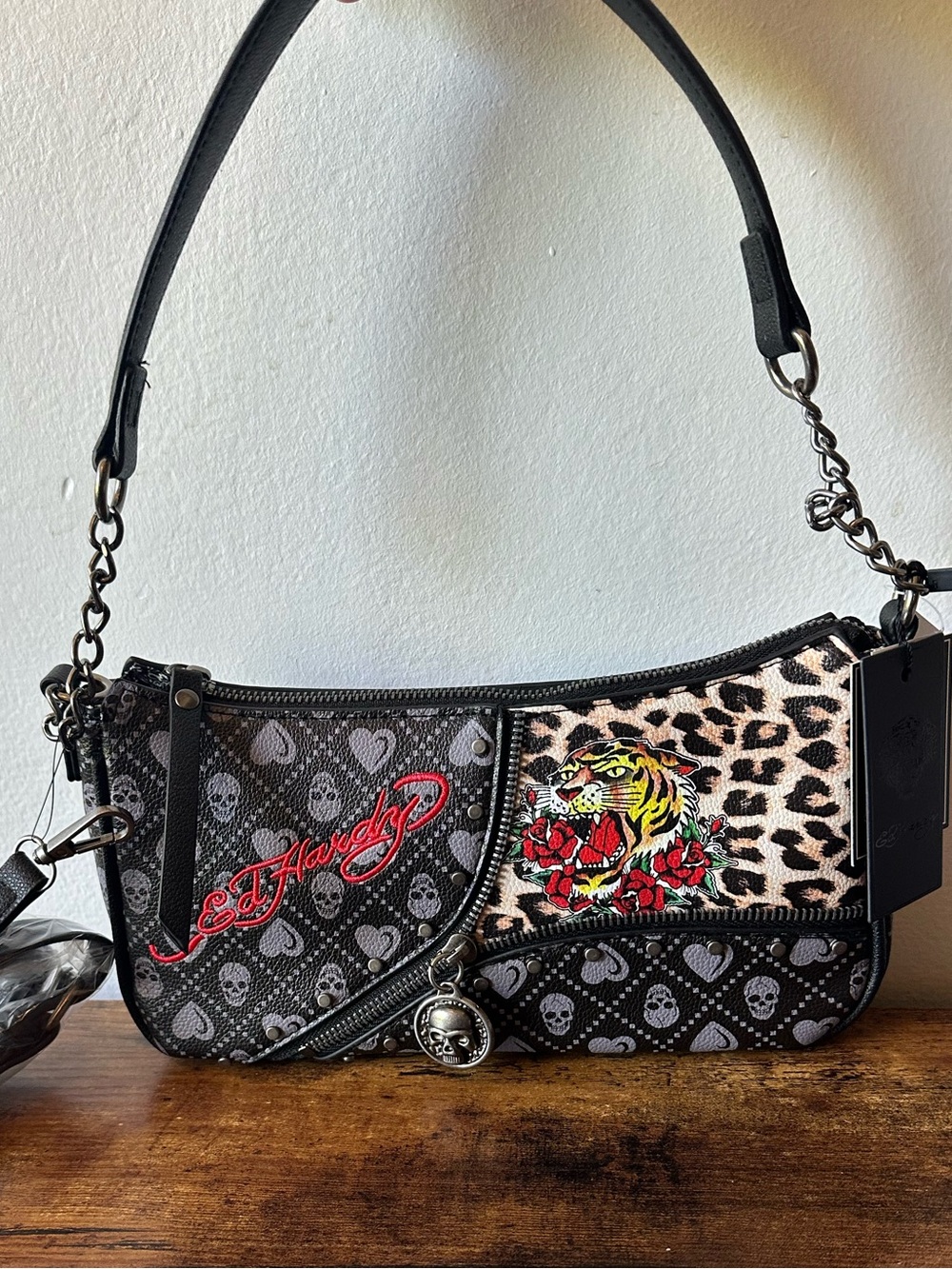 Ed Hardy Black Leopard Print Skull Tiger Zip Front Shoulder or Crossbody Bag NWT